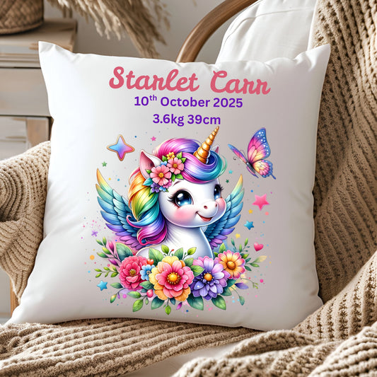 Personalised Baby Birth Stats Pillow Case with Insert | Newborn Keepsake Gift  | Nursery Decor Baby Pillow- Unicorn