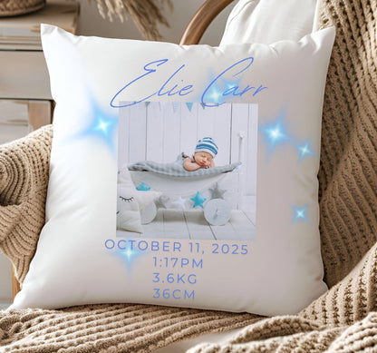 Personalised Baby Birth Stats Photo Pillow Case with Insert | Newborn Keepsake Gift  | Nursery Decor Baby Pillow- Blue Stars