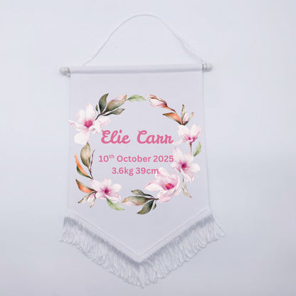 Personalised Baby Birth Stat Bunting Flag | Custom Name Nursery Decor | Newborn Wall Banner | Baby Shower Gift- Pink Floral