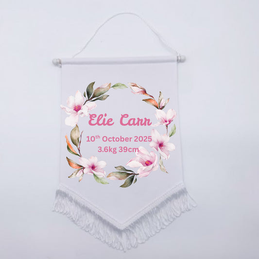 Personalised Baby Birth Stat Bunting Flag | Custom Name Nursery Decor | Newborn Wall Banner | Baby Shower Gift- Pink Floral