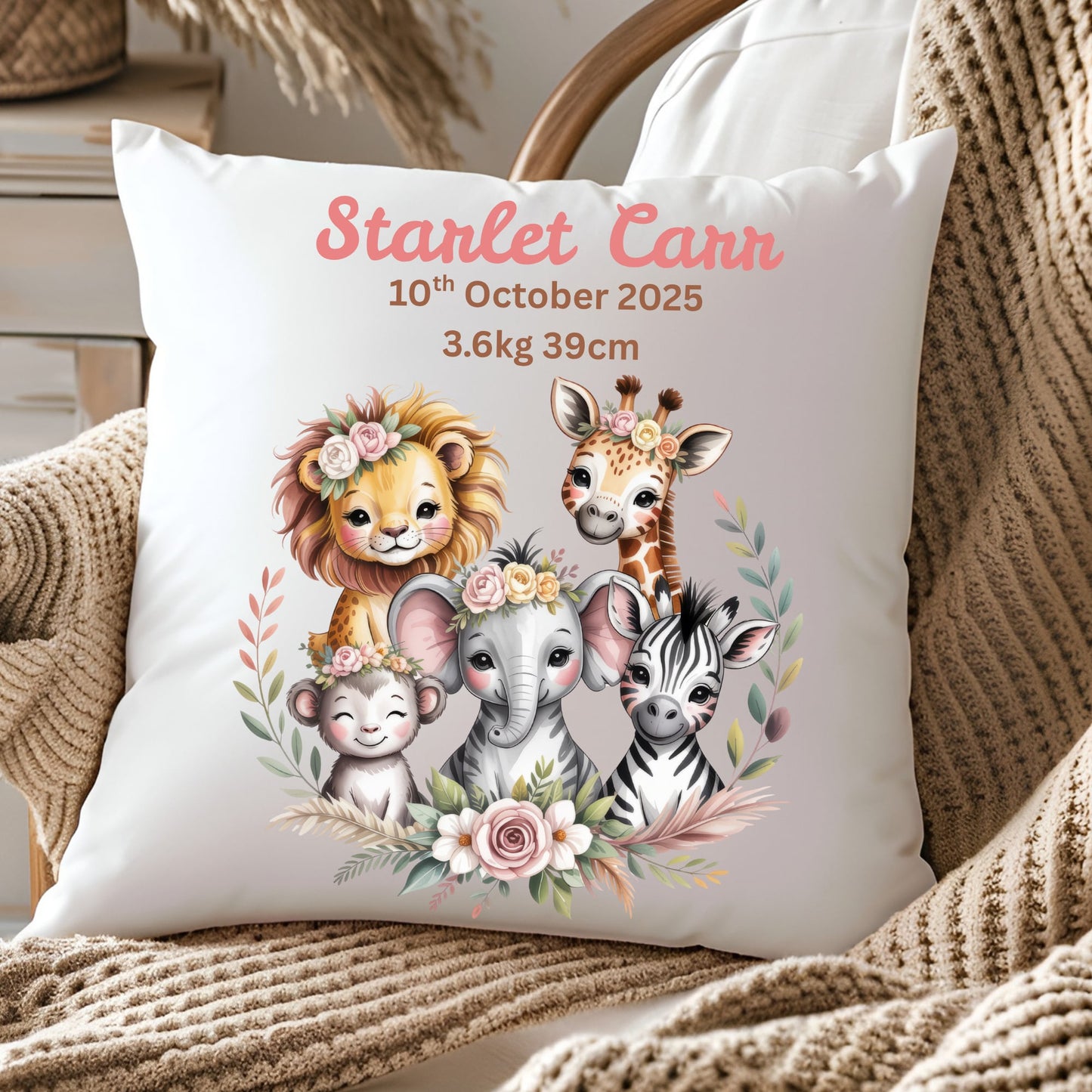 Personalised Baby Birth Stats Pillow Case with Insert | Newborn Keepsake Gift  | Nursery Decor Baby Pillow- Floral Safari