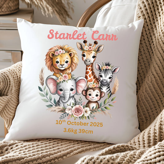 Personalised Baby Birth Stats Pillow Case with Insert | Newborn Keepsake Gift  | Nursery Decor Baby Pillow- Floral Safari