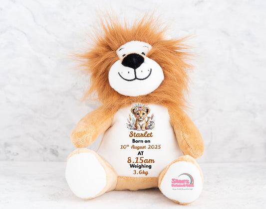 Personalised  Birth Stat  Plush , Custom Printed Keepsake Bear,  Baby Birth Girl Personalised Lion