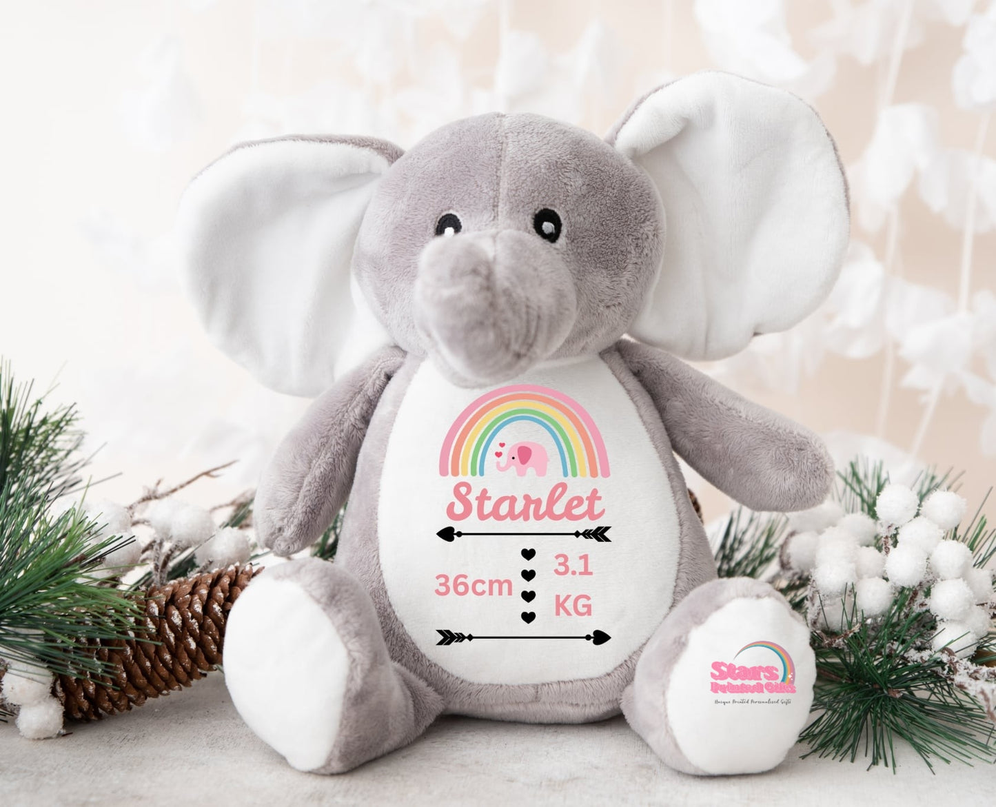 Personalised Elephant Plush, Custom Printed Keepsake Elephant, Birth Stat Bear